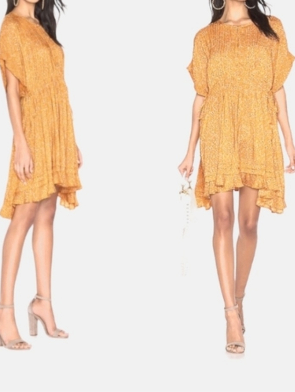 Free People One Fine Day Floral Print Mustard Yellow High-Low Ruffle Boho Dress